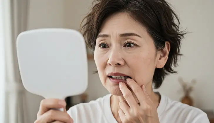 鏡で歯を見ている女性